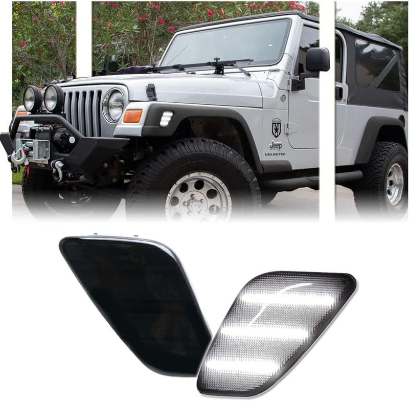 GSOWO 2 PCS White LED Side Marker Light for J-e-e-p Wrangler TJ 1997-2006, Smoked Lens Front Turn Signal Indicator, Left/Right Side Fender Sidemarker Lamps - Image 1